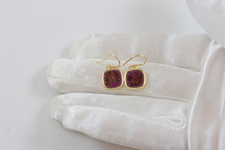 Purple Peacock Druzy Earrings Teardrop 14k Solid Gold or Filled French Ear Wires Bezel Simple Drops sparkly drusy quartz Square Cut Dainty