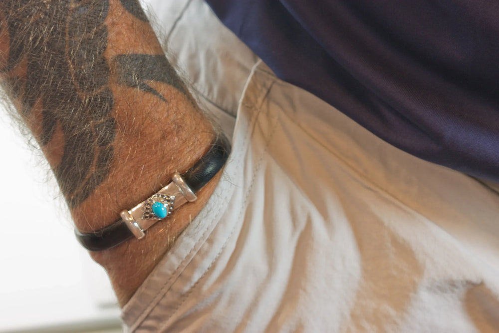 Leather Sterling Silver Bracelet Man's Womens Cuff Adjustable Copper Brass Wrapped Unique Blue Turquoise or Lapis Black Quality 8 9 Inch - Spyglass Designs