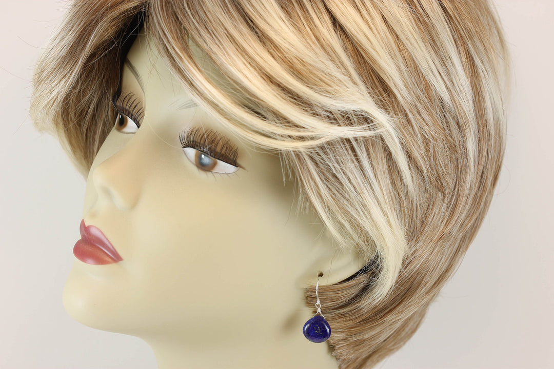 Blue Lapis Lazuli Earrings Natural Dainty Smooth Heart Teardrop Sterling Silver or 14k Solid Gold or Filled Small Drops Everyday Wear Pyrite