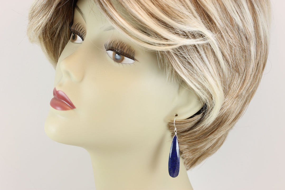 Blue Lapis Lazuli Earrings Natural Large Long Faceted Cut Teardrop Sterling Silver or 14k Solid Gold or Filled Drops Everyday Wear Pyrite