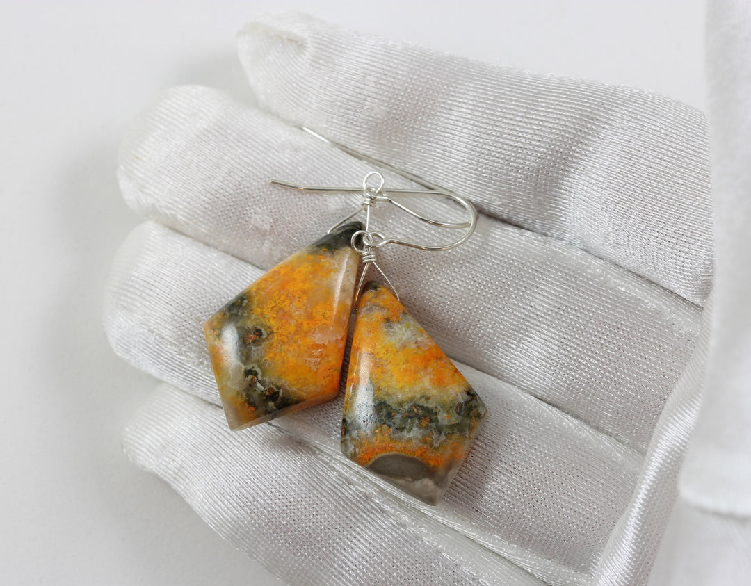 Bumble Bee Jasper Earrings Large Wide Pointed Teardrops Select Yellow Orange  14k Solid Gold or Filled  or Sterling Silver Spyglass Design 2