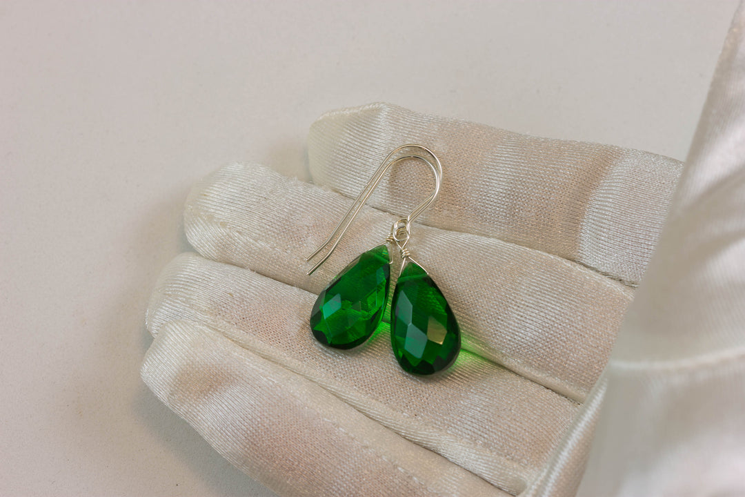 Emerald Green Earrings Facet Simulated Emerald Pear Teardrop Drop 14k Solid Gold or Filled or Sterling Silver Simple Classic Briolette Drops