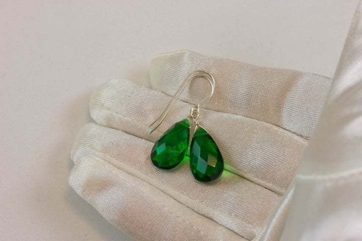 Emerald Green Earrings Facet Simulated Emerald Pear Teardrop Drop 14k Solid Gold or Filled or Sterling Silver Simple Classic Briolette Drops