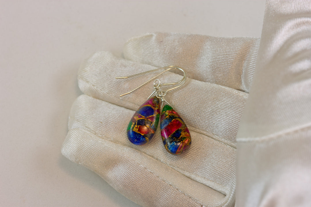 Mosaic Quartz Earrings Smooth Large Teardrop Dangle 14k Solid Gold or Filled or Sterling Silver Blue Red Green Copper Drops Simple Colorful