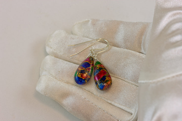 Mosaic Quartz Earrings Smooth Large Teardrop Dangle 14k Solid Gold or Filled or Sterling Silver Blue Red Green Copper Drops Simple Colorful