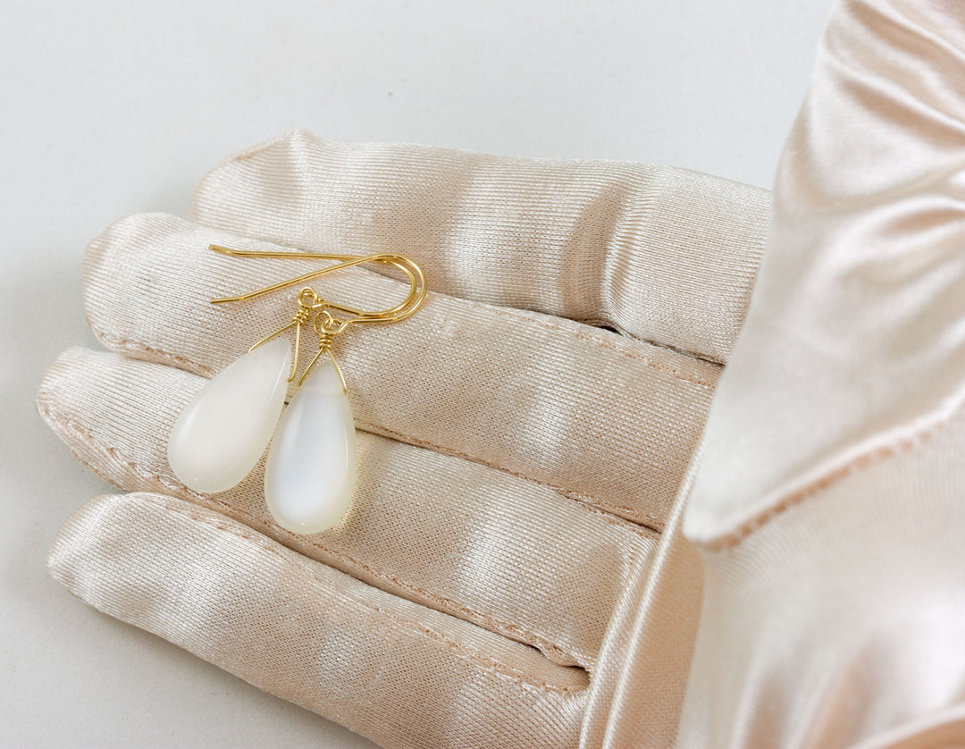 White Moonstone Earrings Smooth Sterling Silver or 14k Solid Gold or Filled Teardrops Pear Drops Shimmery Simple Spyglass Designs