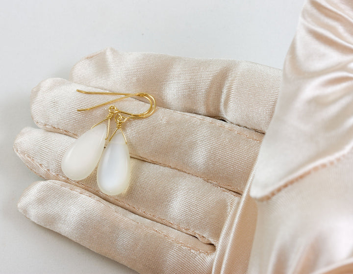 White Moonstone Earrings Smooth Sterling Silver or 14k Solid Gold or Filled Teardrops Pear Drops Shimmery Simple Spyglass Designs