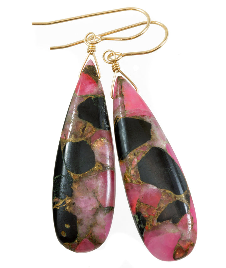 Pink Copper Obsidian Earrings Smooth Mosaic Teardrop  Drop Sterling Silver or 14k Solid Gold or Filled Earrings Hot Pink Unique Long 2.2 In