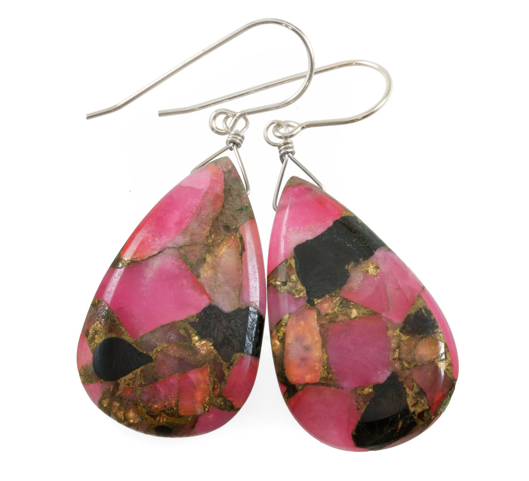 Pink Copper Obsidian Earrings Smooth X Large Mosaic Teardrop  Drop Sterling Silver or 14k Solid Gold or Filled Earrings Hot Pink Long 2 In