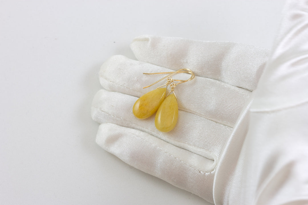 Yellow Aventurine Earrings Teardrop Pear Shaped Smooth 14k Solid Gold or Filled or Sterling Silver Great Unique Natural Earthy  Daily Drops