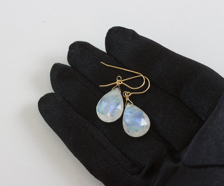 Rainbow Blue Moonstone Earrings Sterling Silver or 14k Solid Gold or Filled Large Pear Teardrop Natural  Simple Drops