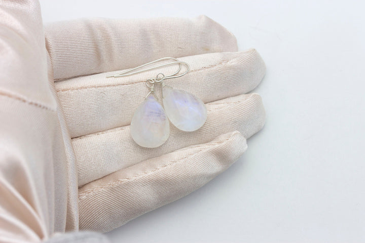 Rainbow Blue Moonstone Earrings Sterling Silver or 14k Solid Gold or Filled Large Pear Teardrop Natural  Simple Drops