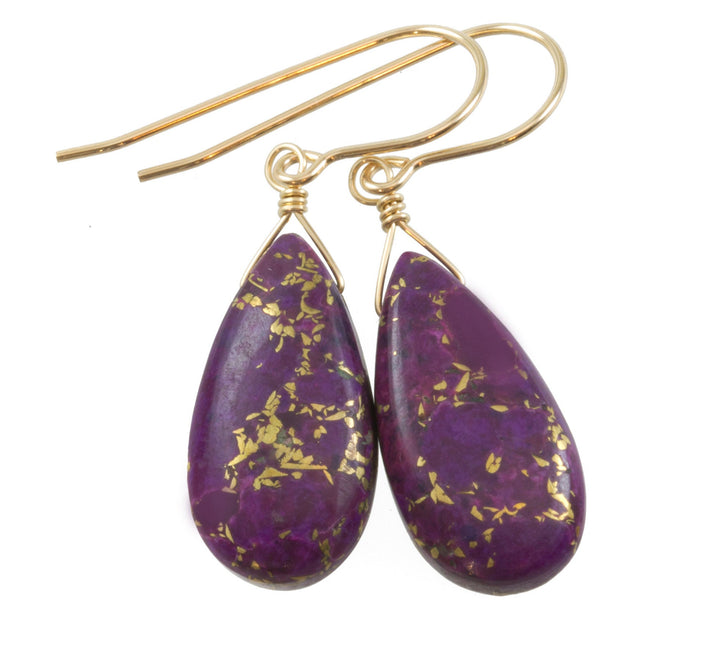 Purple Mosaic Copper Quartz Earrings Teardrop Pear Shaped Smooth 14k Solid Gold or Filled or Sterling Silver Great Unique  Daily Drops