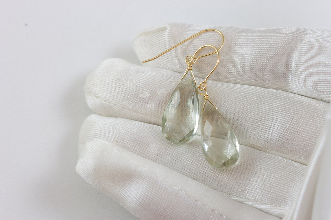 Green Amethyst Earrings Prasiolite Faceted Long Pear Teardrop 14k Solid Gold or Filled or Sterling Silver Simply Daily Pale Soft Green Drop