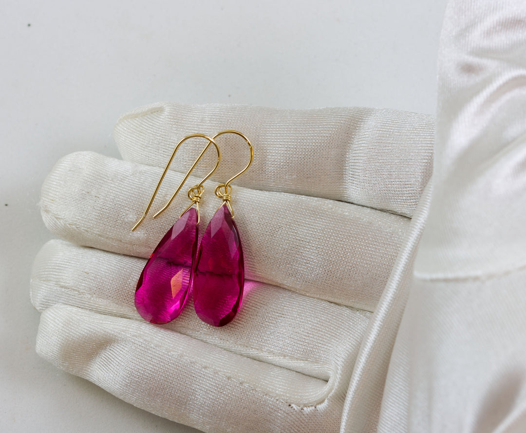 Hot pink fuchsia simulated Sapphire Earrings Faceted Long Dangle 14k Solid Gold or Filled or Sterling Silver Classic Simple  Drops 1.7 Inch