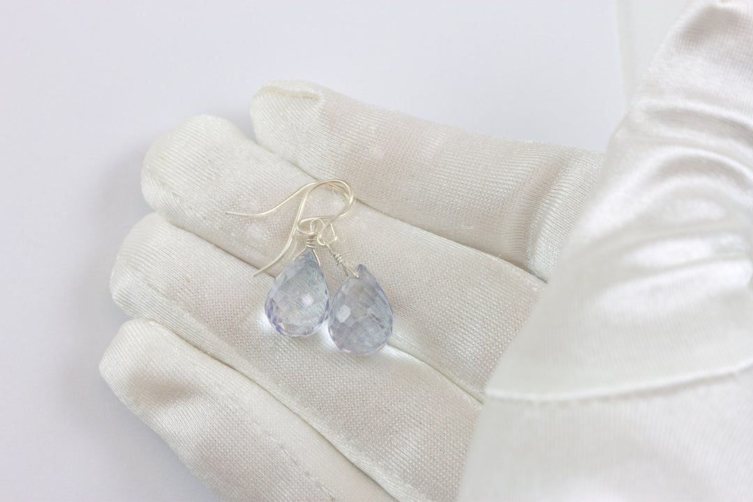 Tanzanite Simulated Earrings Facet Briolette Light Pale Blue Lavender Color Sterling Silver or 14k Solid Gold or Filled Classic Simple Drops