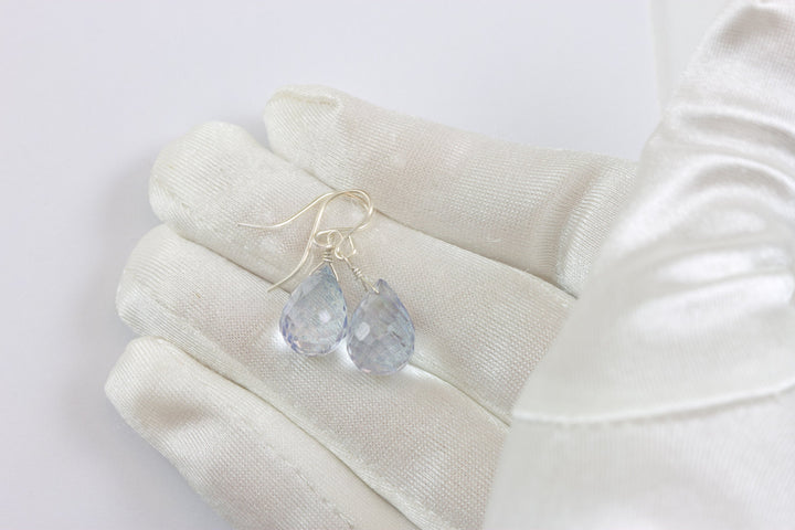 Tanzanite Simulated Earrings Facet Briolette Light Pale Blue Lavender Color Sterling Silver or 14k Solid Gold or Filled Classic Simple Drops