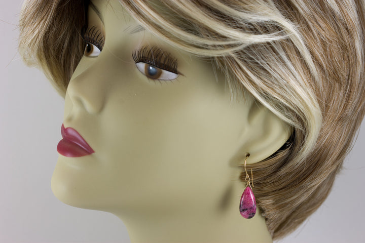 Pink Rhodonite Earrings Natural Smooth Fat Simple Teardrop dangle Sterling Silver or 14k Solid Gold or Filled Real Natural Simple Drops