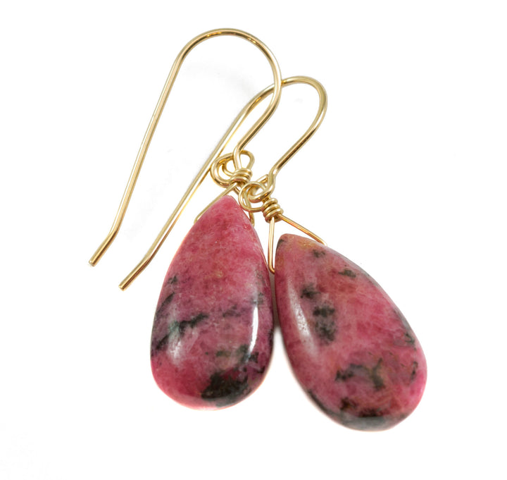 Pink Rhodonite Earrings Natural Smooth Fat Simple Teardrop dangle Sterling Silver or 14k Solid Gold or Filled Real Natural Simple Drops