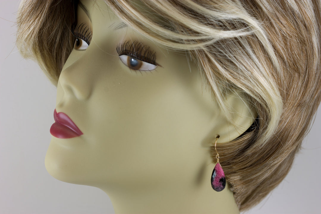 Pink Rhodonite Earrings Natural Faceted Simple Teardrop dangle Sterling Silver or 14k Solid Gold or Filled Real Natural Simple Drops 1.5 In