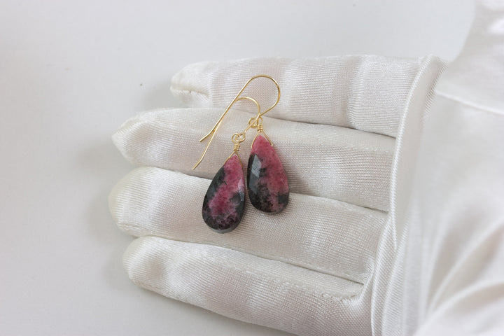 Pink Rhodonite Earrings Natural Faceted Simple Teardrop dangle Sterling Silver or 14k Solid Gold or Filled Real Natural Simple Drops 1.5 In
