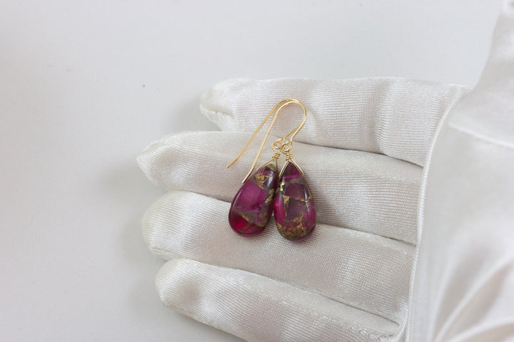Red Copper Mosaic Quartz Earrings Smooth Simple Teardrop dangle Sterling Silver or 14k Solid Gold or Filled Real Natural Simple Drops 1.5 In