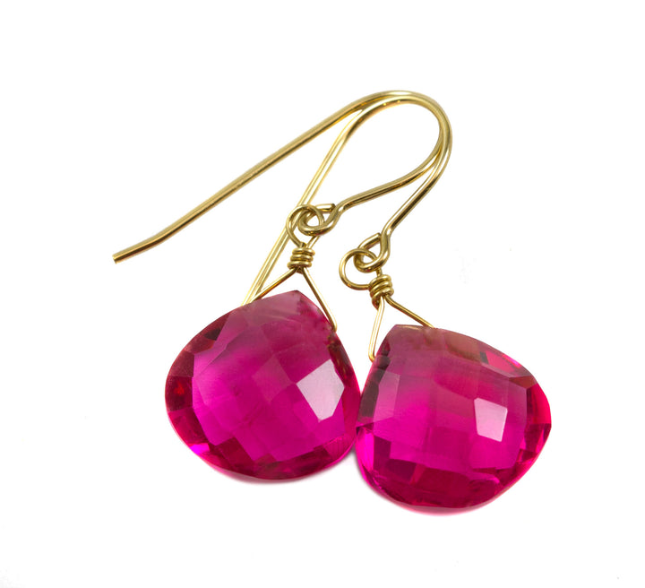 Watermelon Pink Simulated Tourmaline  Earrings Faceted  Large Hearts Dangle 14k Solid Gold or Filled or Sterling Silver Simple Fuchsia Drops