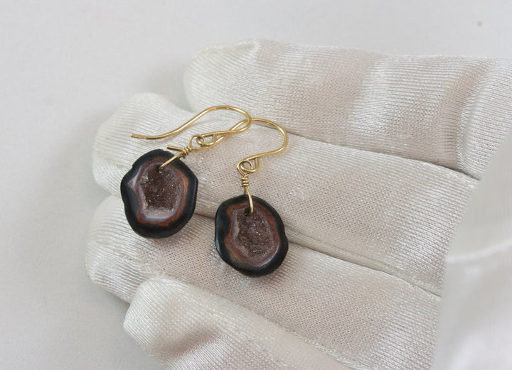 Baby Small Geode Earrings Tabasco Pink Druzy Oval 14k Solid Gold or Filled Polished Small Teardrop Drusy Paired AAA Natural  Druse Quartz