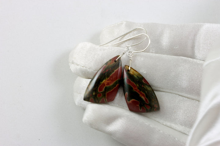 Red Creek Jasper Earrings Red Terra Cotta Brown Green 14k solid gold or filled or Sterling Silver Smooth Triangle Dangle Natural Simple Drop