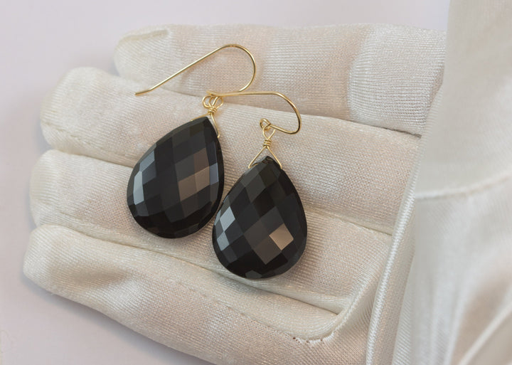 Black Onyx Earrings Sterling Silver or 14k Solid Yellow Gold or Filled Faceted Large Teardrop Dangle Simple Classic  Large Drop