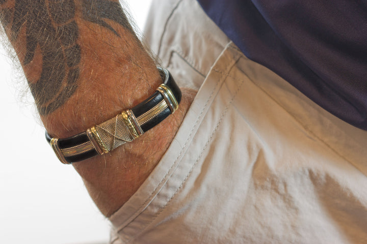 Leather Sterling Silver Bracelet Man's Cuff Adjustable for Men Copper Brass Wrapped Unique Mens Large Brown or Black High Quality 7 8  Inch