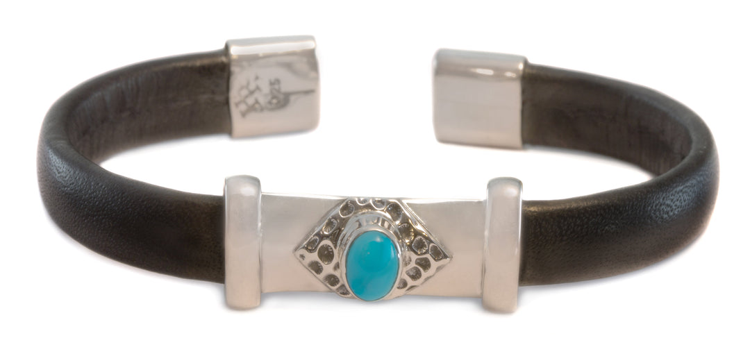 Leather Sterling Silver Bracelet Man's Womens Cuff Adjustable Copper Brass Wrapped Unique Blue Turquoise or Lapis Black Quality 8 9 Inch