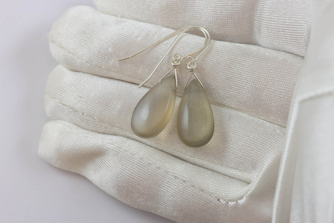 Gray Moonstone Earrings Sterling Silver or 14k Gold Filled or 14k Solid Gold Teardrop Simple Dainty Drops Grey Shimmery Iridescence Smooth