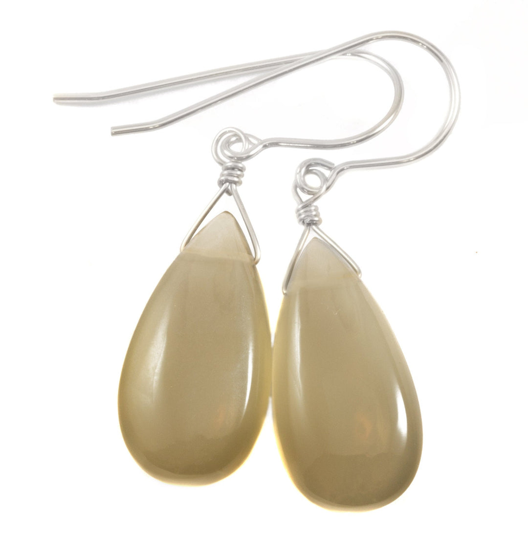 Gray Moonstone Earrings Sterling Silver or 14k Gold Filled or 14k Solid Gold Teardrop Simple Dainty Drops Grey Shimmery Iridescence Smooth