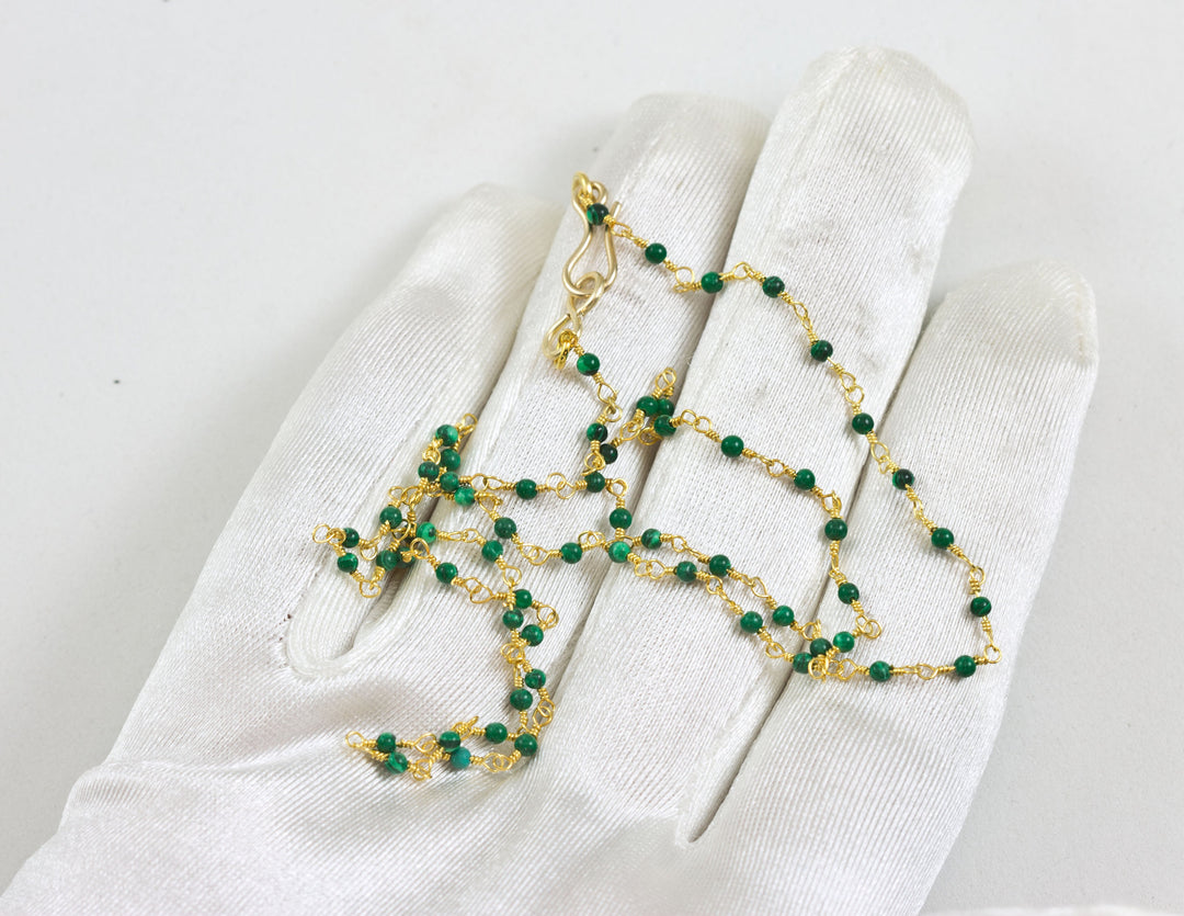 Malachite Necklace Natural Green Beaded Chain Dainty Small Sterling Silver or 14k Gold Filled Round Smooth 18 19 Inches Simple Spyglass
