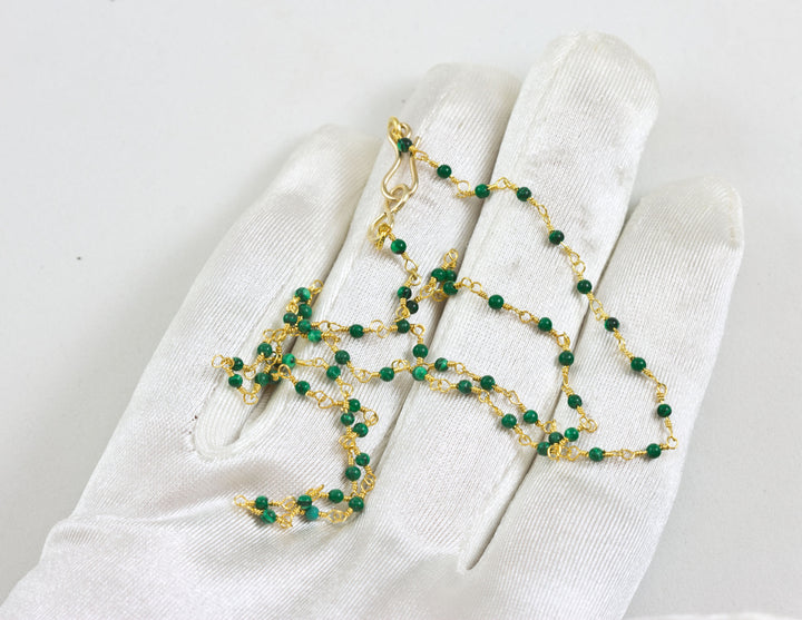 Malachite Necklace Natural Green Beaded Chain Dainty Small Sterling Silver or 14k Gold Filled Round Smooth 18 19 Inches Simple Spyglass