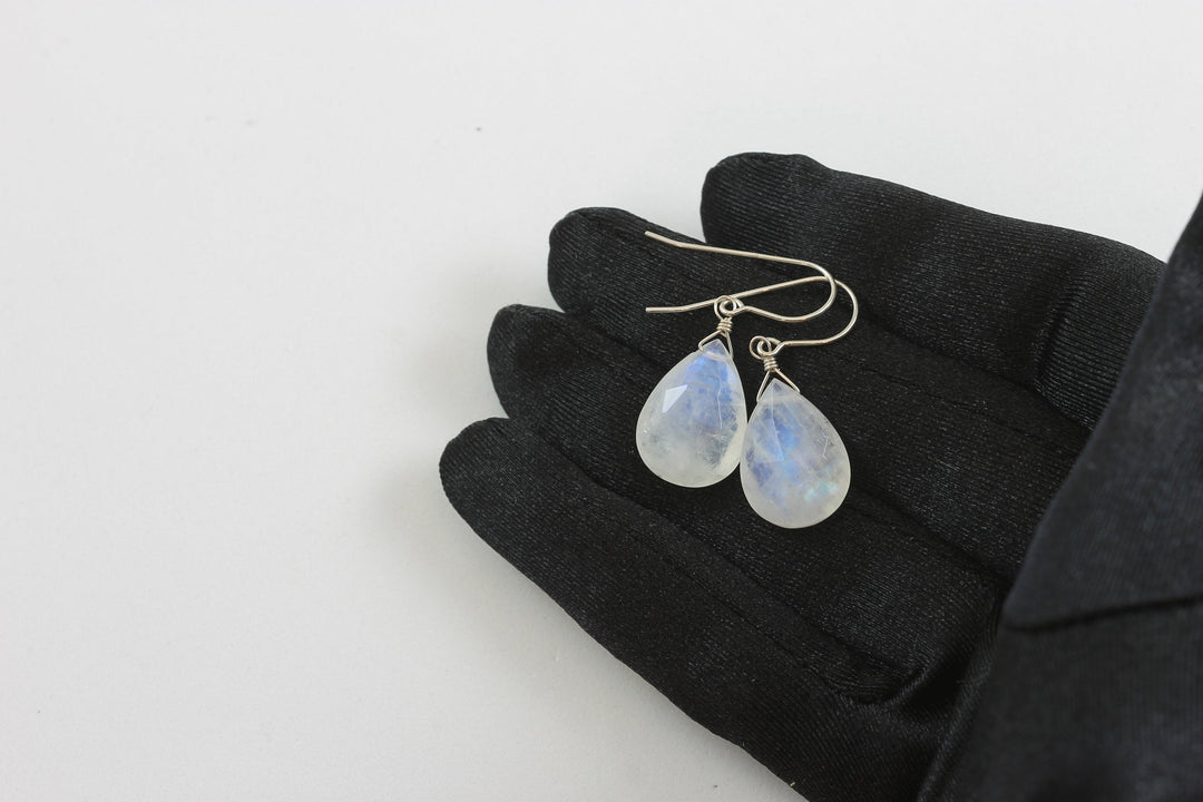Rainbow Blue Moonstone Earrings 14k Solid Gold or Filled or Sterling Silver Faceted Large Briolette Teardrops Simple Dangles