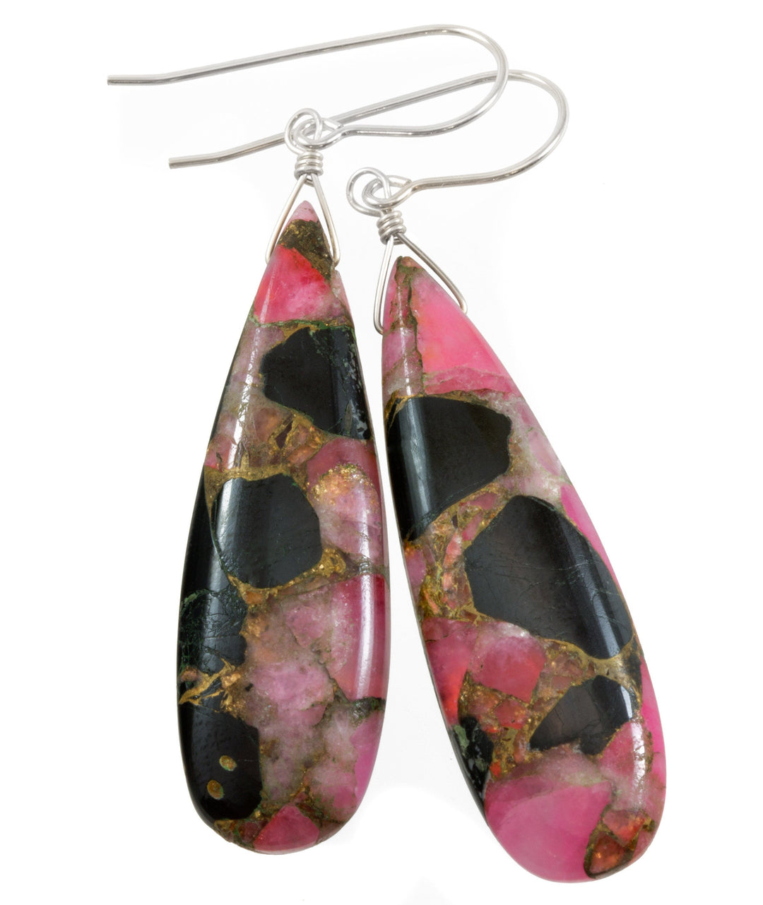 Pink Copper Obsidian Earrings Smooth Mosaic Teardrop  Drop Sterling Silver or 14k Solid Gold or Filled Earrings Hot Pink Unique Long 2.2 In