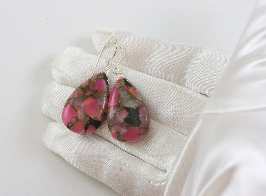 Pink Copper Obsidian Earrings Smooth X Large Mosaic Teardrop  Drop Sterling Silver or 14k Solid Gold or Filled Earrings Hot Pink Long 2 In