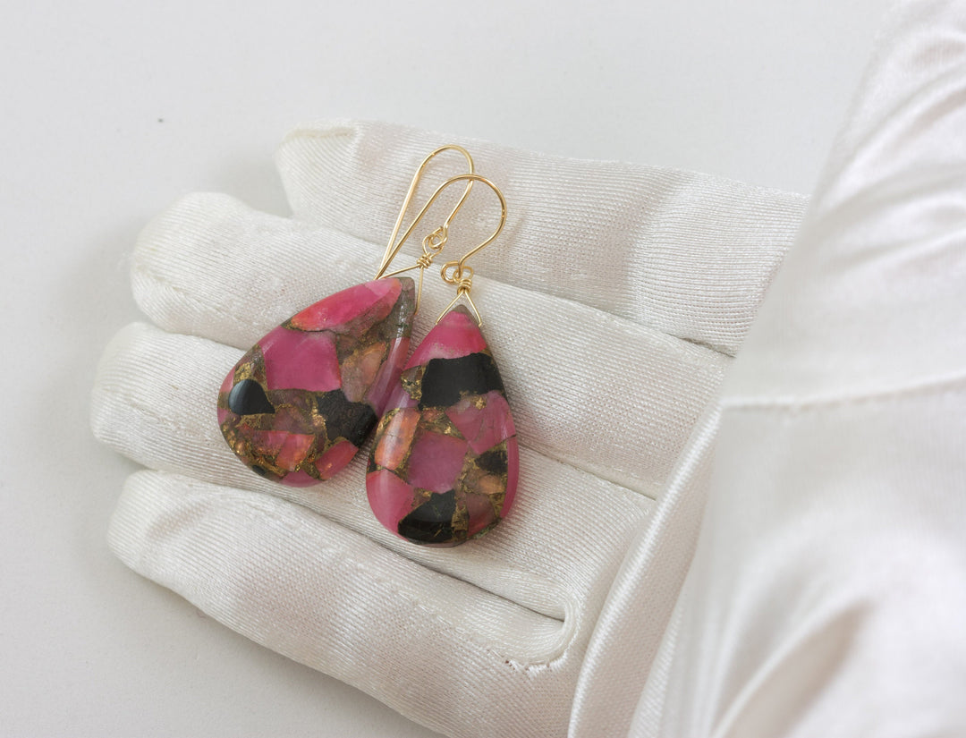 Pink Copper Obsidian Earrings Smooth X Large Mosaic Teardrop  Drop Sterling Silver or 14k Solid Gold or Filled Earrings Hot Pink Long 2 In