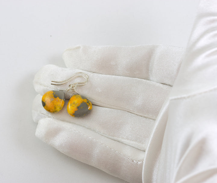 Bumble Bee Jasper Earrings  Smooth Heart Teardrops Select Yellow Orange  14k Solid Gold or Filled  or Sterling Silver Drops Spyglass Designs