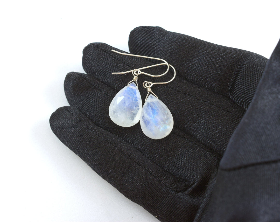 Rainbow Blue Moonstone Earrings Sterling Silver or 14k Solid Gold or Filled Large Pear Teardrop Natural  Simple Drops