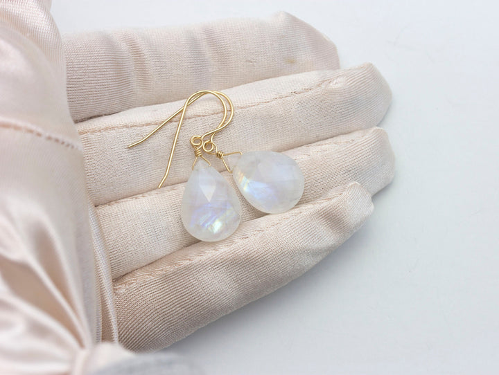 Rainbow Blue Moonstone Earrings Sterling Silver or 14k Solid Gold or Filled Large Pear Teardrop Natural  Simple Drops