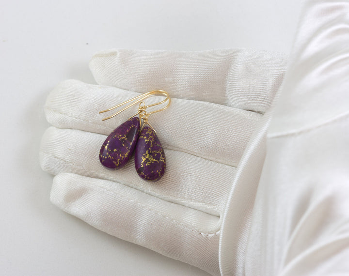 Purple Mosaic Copper Quartz Earrings Teardrop Pear Shaped Smooth 14k Solid Gold or Filled or Sterling Silver Great Unique  Daily Drops
