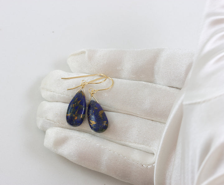 Lapis Lazuli Blue Mosaic Copper Earrings Teardrop Pear Shaped Smooth 14k Solid Gold or Filled or Sterling Silver Great Unique  Daily Drops