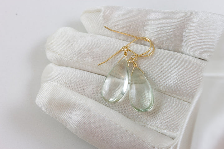 Green Amethyst Earrings Prasiolite Smooth Long Pear Teardrop 14k Solid Gold or Filled or Sterling Silver Simply Daily Pale Soft Green Drop