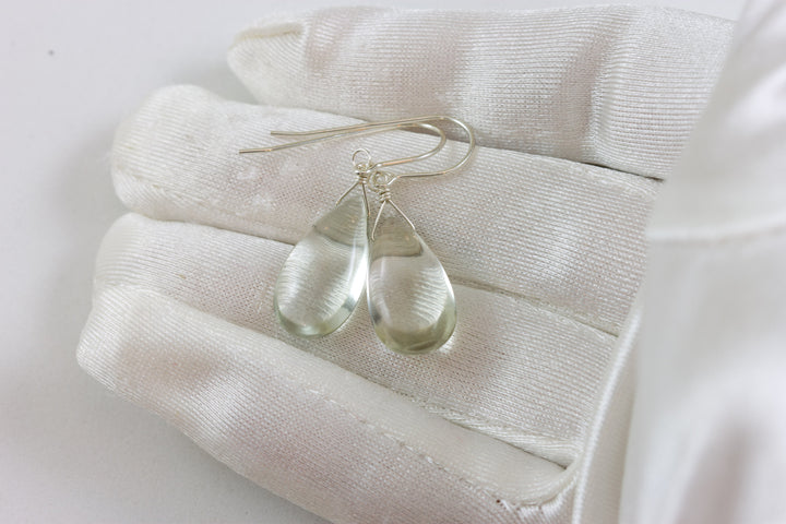 Green Amethyst Earrings Prasiolite Smooth Long Pear Teardrop 14k Solid Gold or Filled or Sterling Silver Simply Daily Pale Soft Green Drop