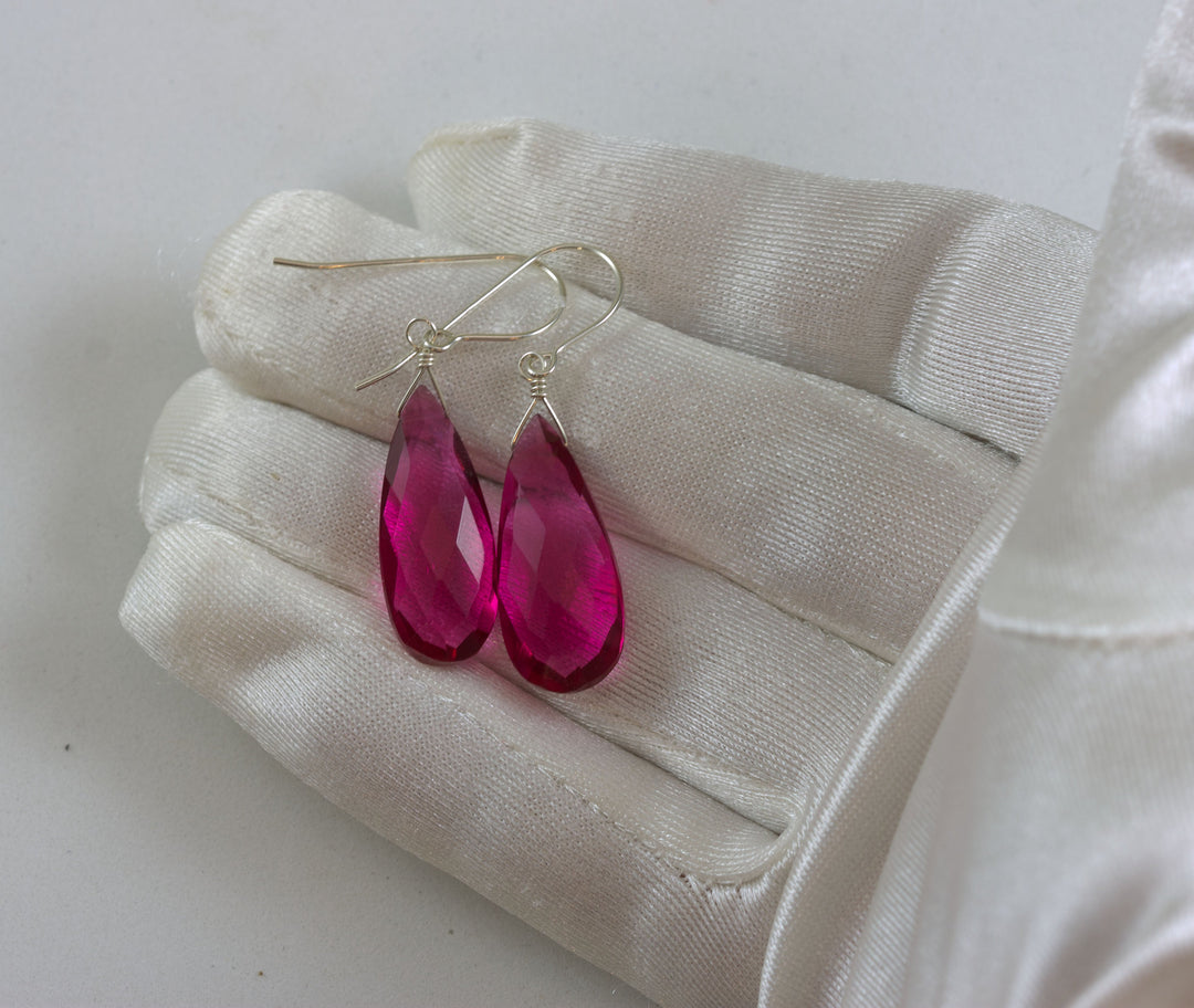 Hot pink fuchsia simulated Sapphire Earrings Faceted Long Dangle 14k Solid Gold or Filled or Sterling Silver Classic Simple  Drops 1.7 Inch