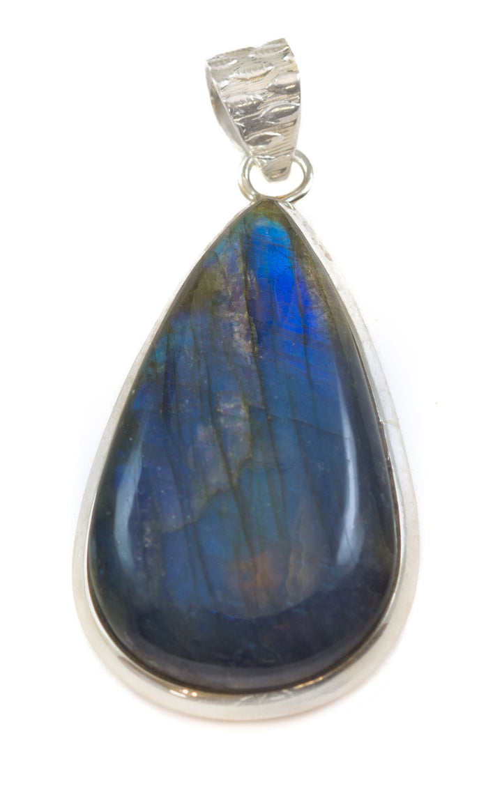 Labradorite Necklace Pendant  Sterling Silver Long Oval Teardrop Shaped Cabachon Large  AAA  Natural Blue Flash Clean Simple Design