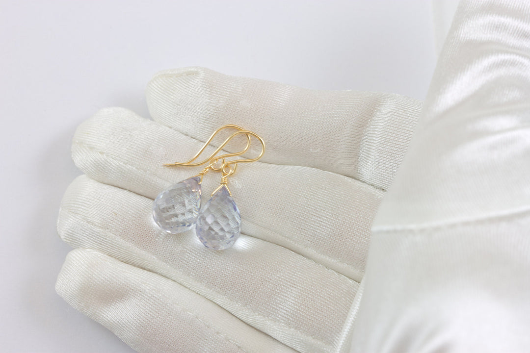 Tanzanite Simulated Earrings Facet Briolette Light Pale Blue Lavender Color Sterling Silver or 14k Solid Gold or Filled Classic Simple Drops